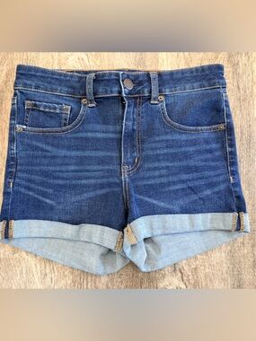 Aeropostale High Rise Midi Denim Jean Shorts Datk Wash Cuffed Womens Size 6 EC